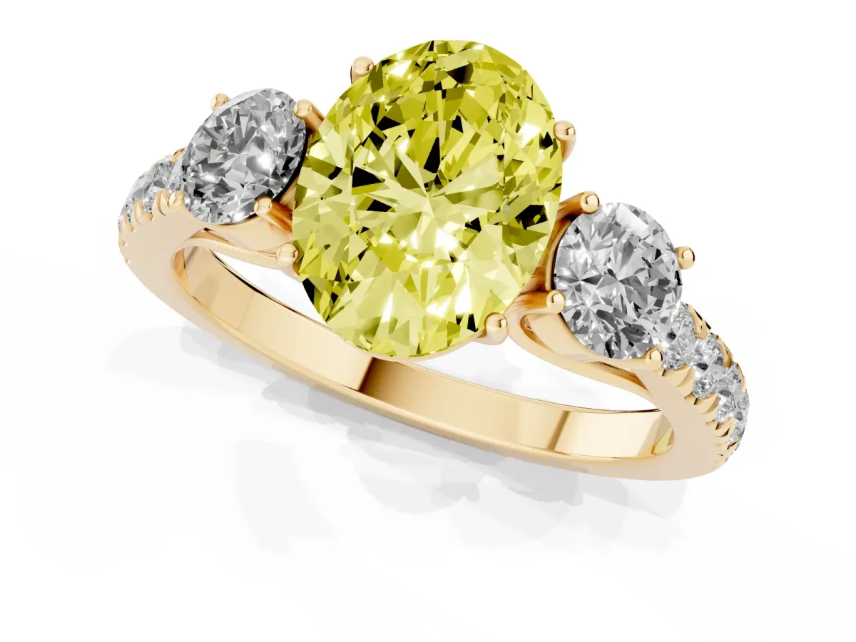 Fancy Yellow Oval Cut Cut Diamond Three-Stone Ring with Round Side Stones and Pavé Band Yellow gold