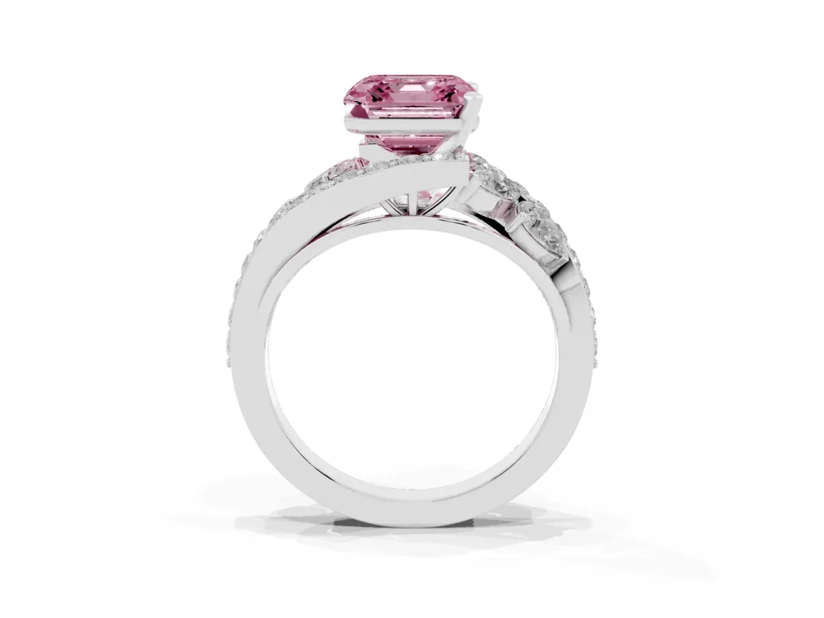Fancy Pink Asscher Cut Diamond Halo Ring with Marquise and Pavé Band in Prong Setting Silver