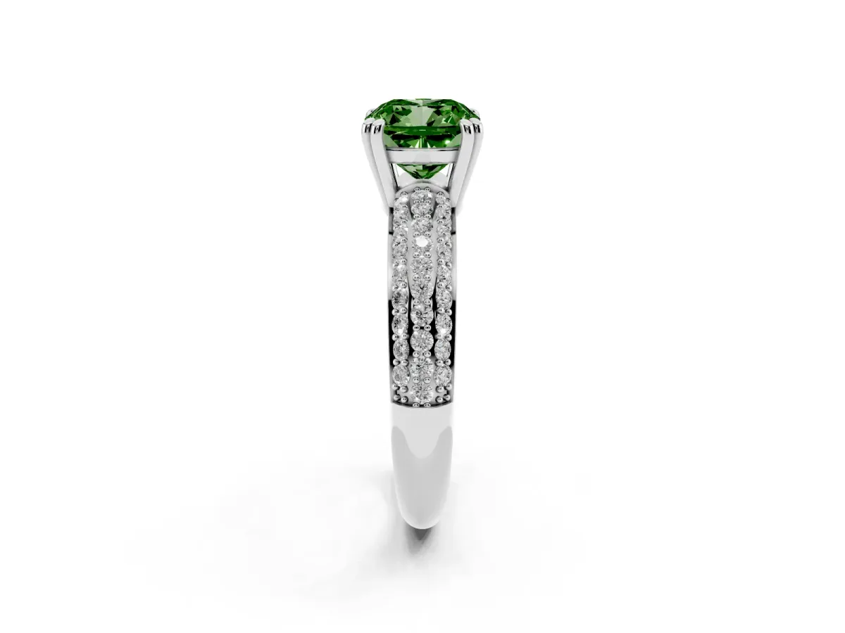 Fancy Green Cushion Cut Diamond Solitaire Ring with Multi-Row Round Pavé Band and Prong Setting Silver