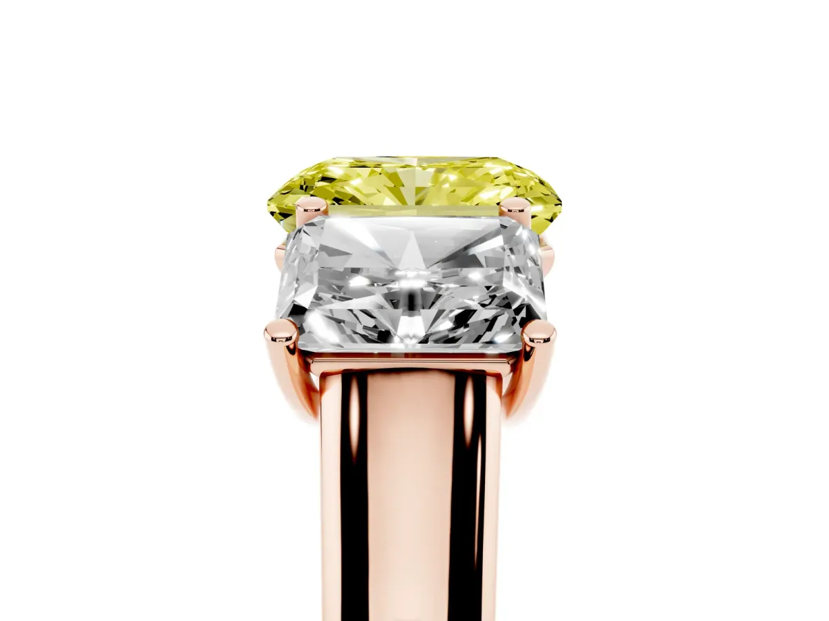 Fancy Yellow Radiant Cut Three-Stone Diamond Ring with Prong Setting on a Classic Band Rose gold