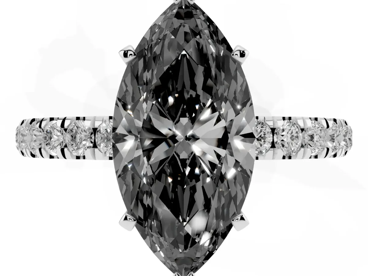Fancy Black Marquise Cut Diamond Solitaire Ring with Pavé Accents and Four-Prong Setting Platinum