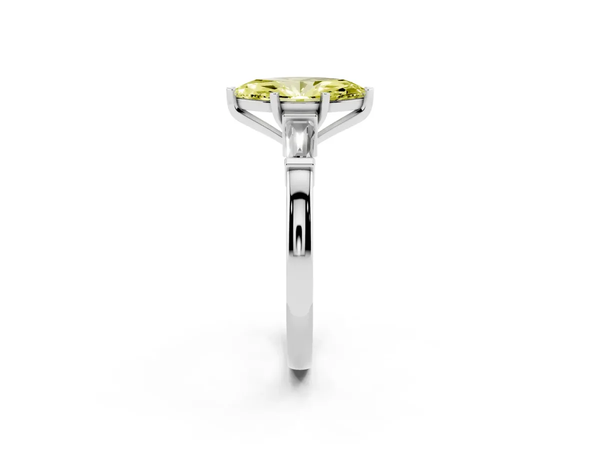 Fancy Yellow Marquise Cut Cut Diamond Solitaire Ring with Tapered Baguette Accents and Four-Prong Setting Silver