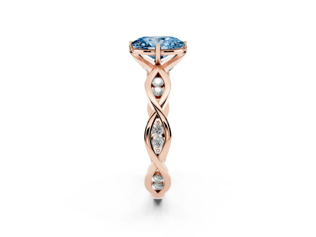 Fancy Blue Oval Cut Solitaire Twist Band with Leaf Prong Setting Rose gold