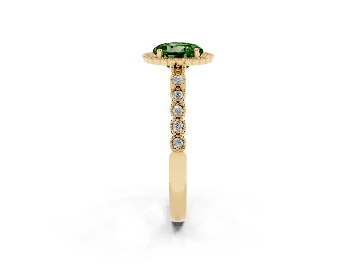 Fancy Green Round Cut Cut Halo Pavé Solitaire Ring with Milgrain Band Yellow gold