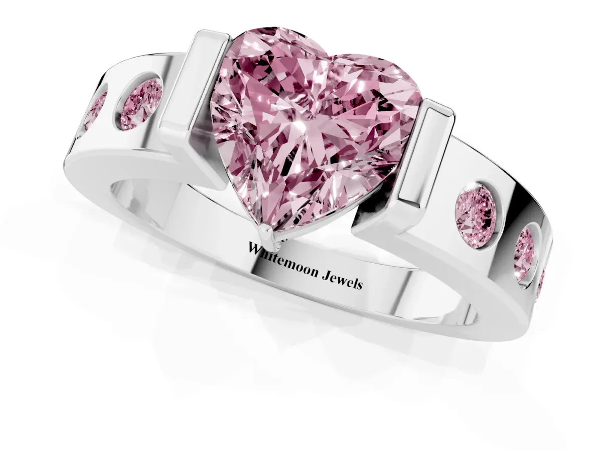 Fancy Pink Heart Cut Brilliant Channel-Set Diamond Ring with Bezel Prong Setting Silver