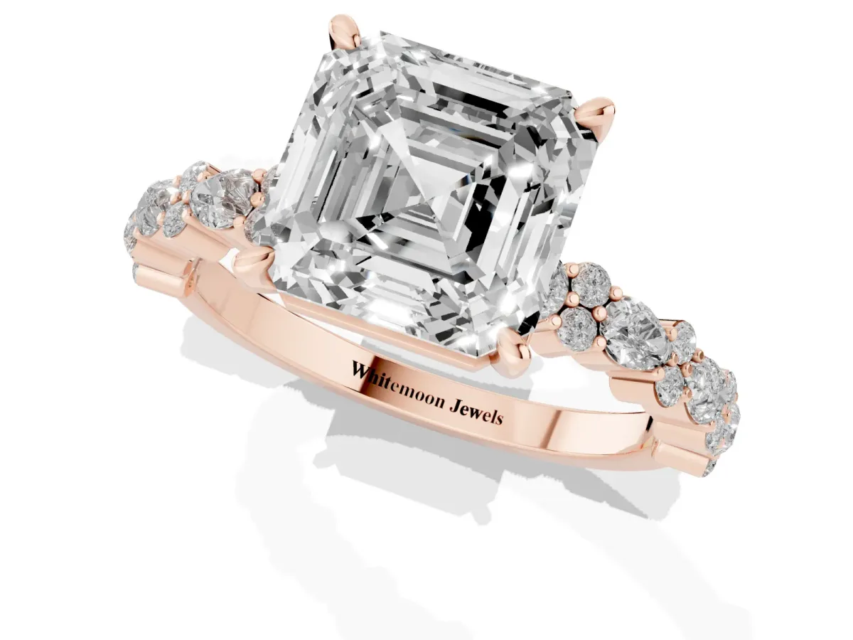 Asscher Cut Diamond Side Stone Solitaire Ring with Round and Four-Prong Setting Rose gold