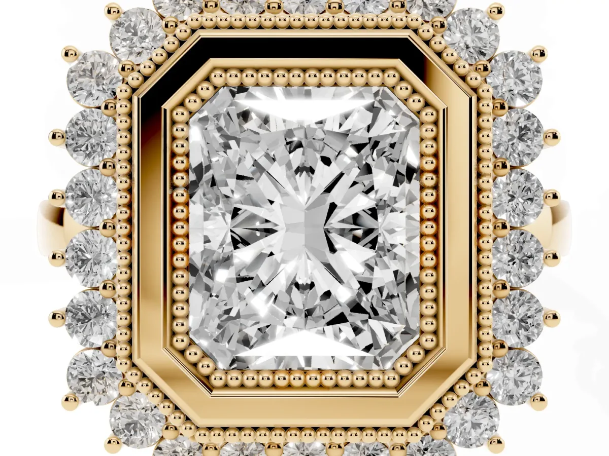 Radiant Cut Halo Diamond Ring with Milgrain Edge and Round Prong Setting Yellow gold