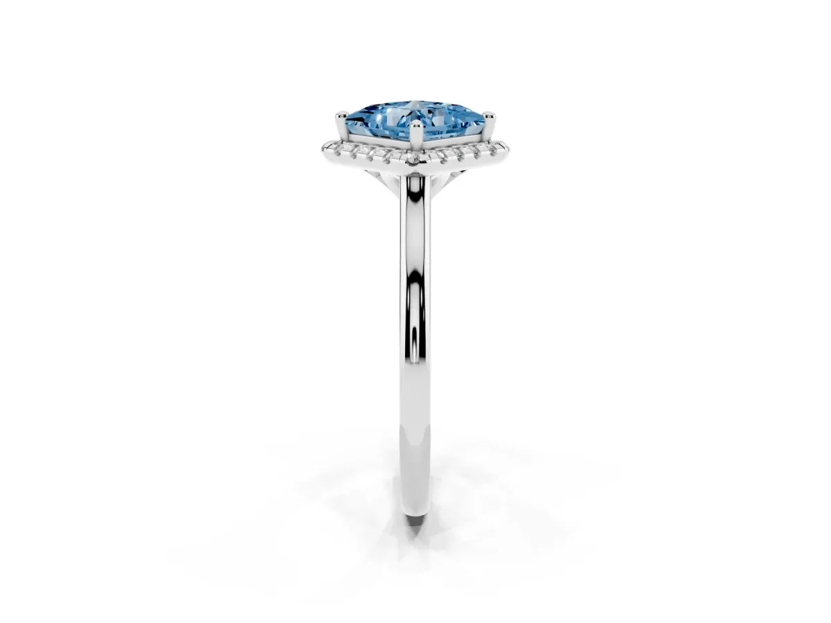 Fancy Blue Princess Cut Halo Round Diamond Solitaire Engagement Ring with Pave Band and Four-Prong Setting White gold