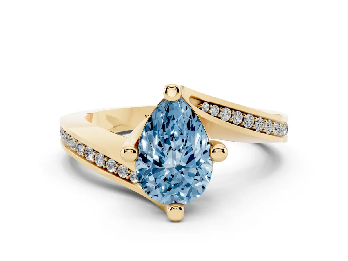 Fancy Blue Pear Cut Solitaire Diamond Twist Band with Pavé Setting and Four-Prong Setting Yellow gold