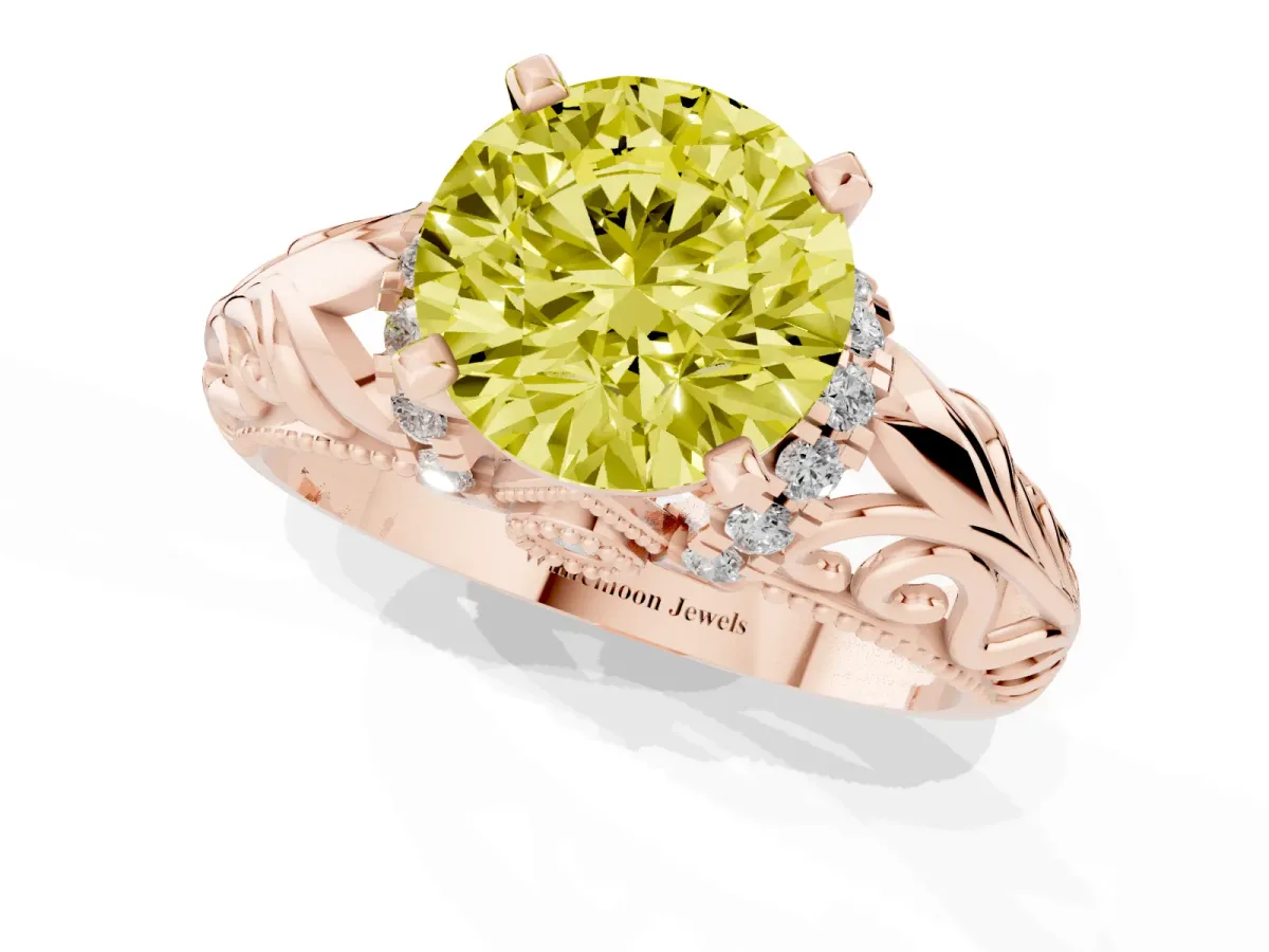 Fancy Yellow Round Cut Solitaire Filigree Engagement Ring with Halo and Prong Setting Rose gold