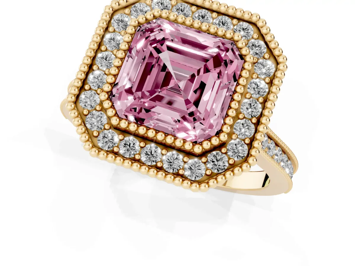 Fancy Pink Asscher Cut Diamond Halo Ring with Milgrain Frame and Pavé Band Yellow gold