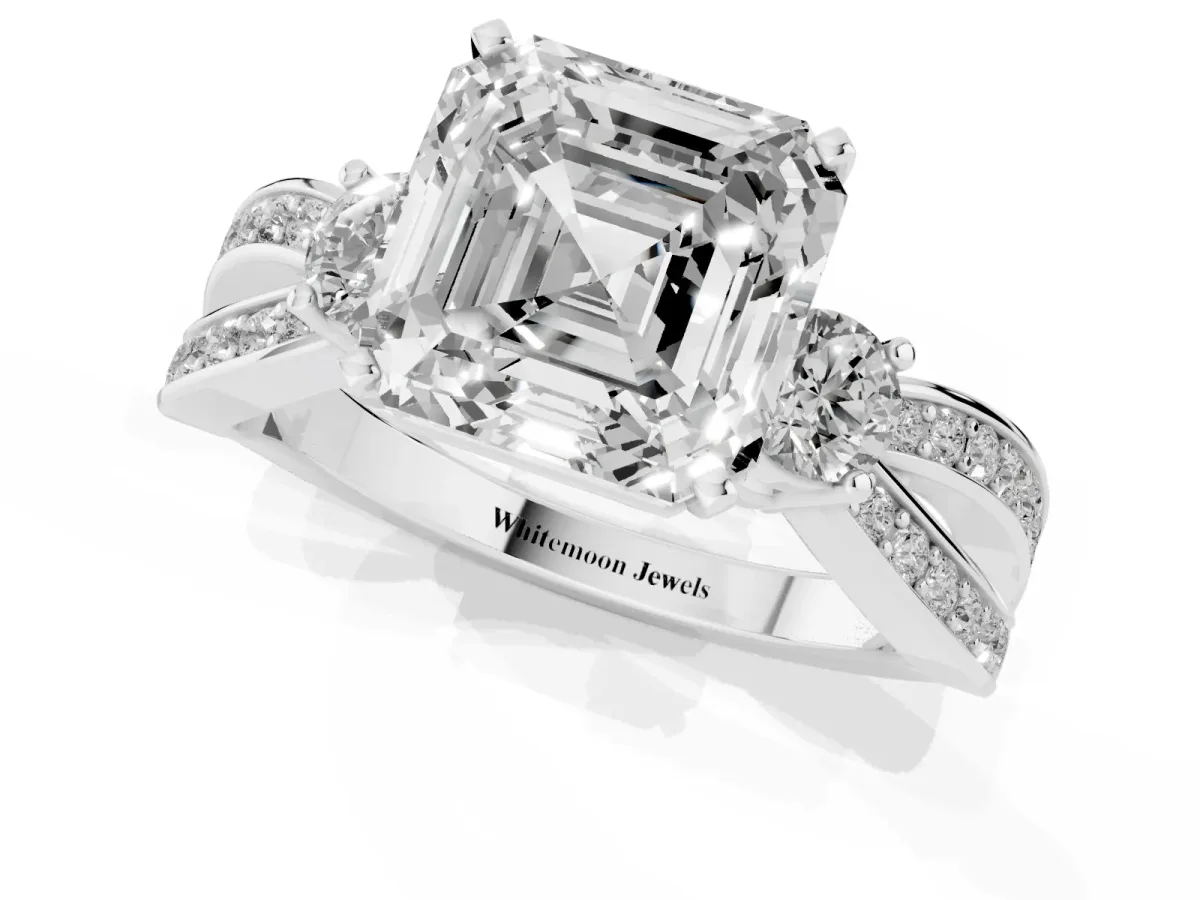 Three-Stone Asscher Cut Cut Diamond Twist Band with Prong Setting Platinum