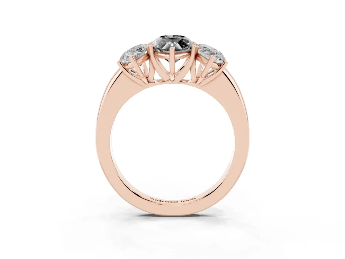 Fancy Black Marquise Cut Diamond Three-Stone Ring with Four-Prong Setting and Classic Band Rose gold