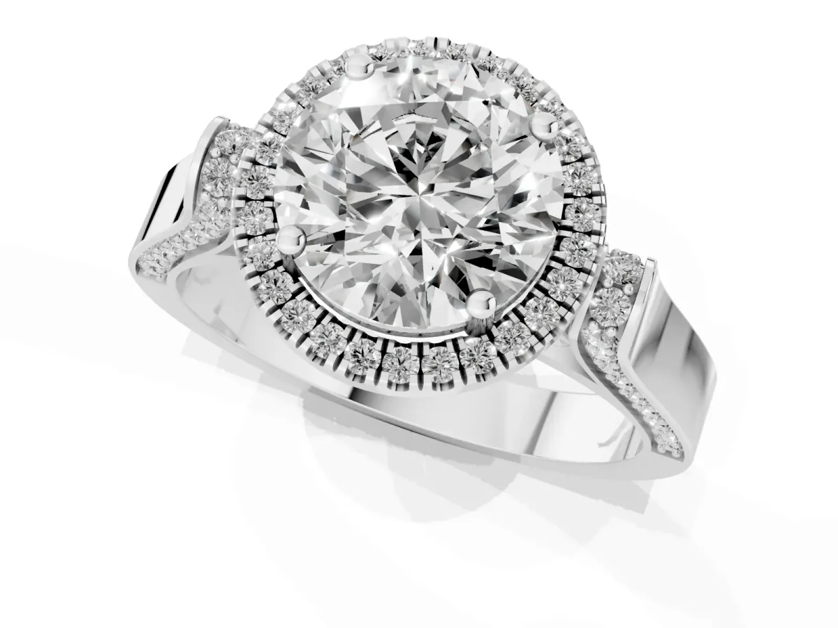 Round Cut Halo Pave Split Shank Prong Setting Ring Silver
