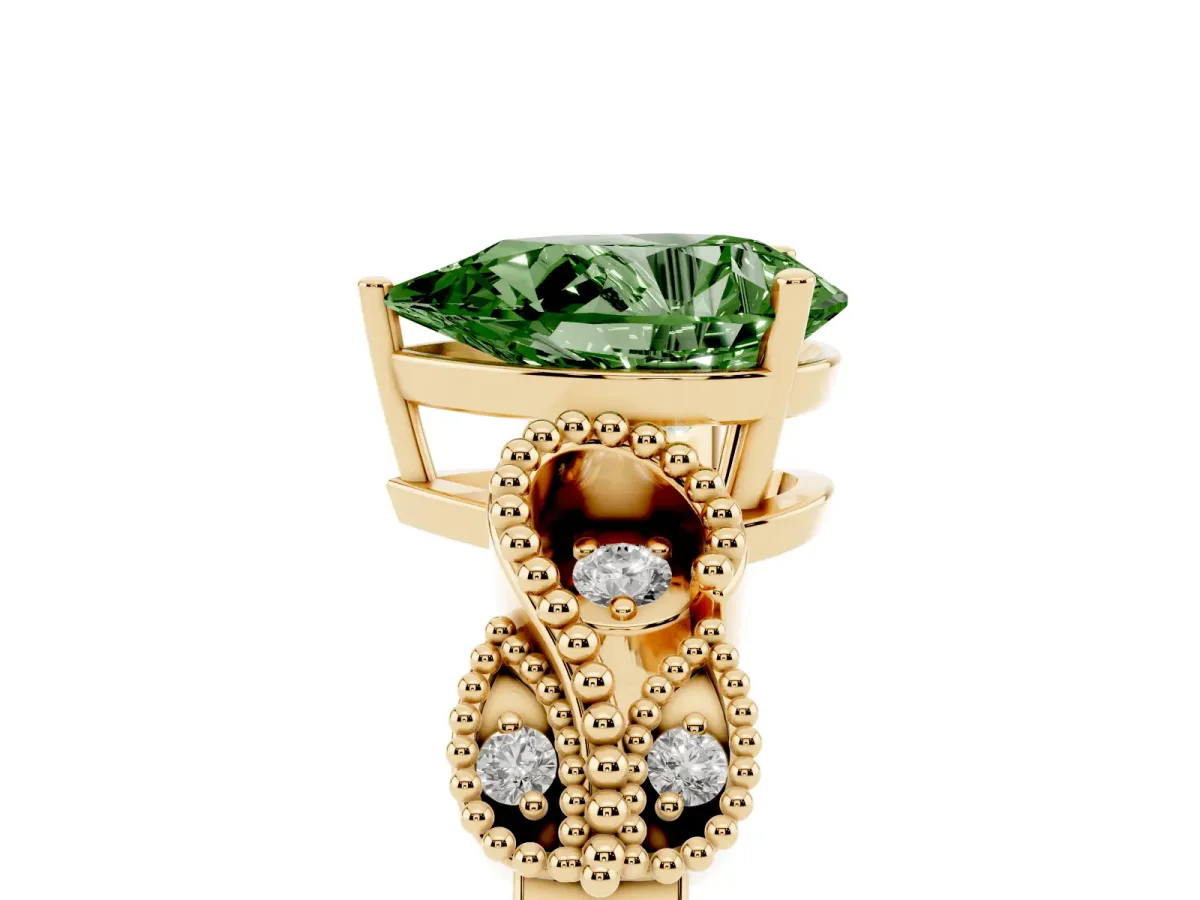 Fancy Green Pear Cut Solitaire Milgrain Leaf Band with Prong Setting Yellow gold