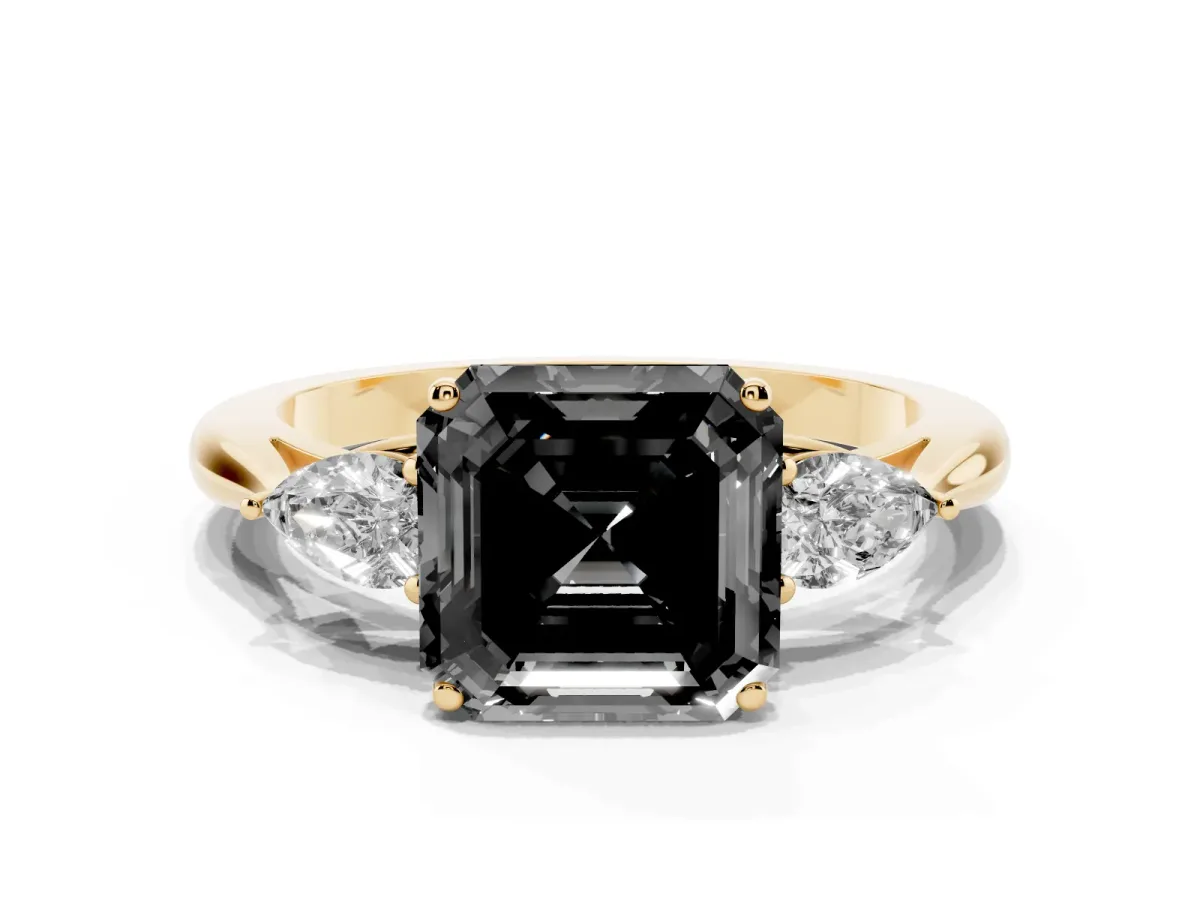 Fancy Black Asscher Cut Diamond Three-Stone Ring with Pear Side Stones and Prong Setting Yellow gold