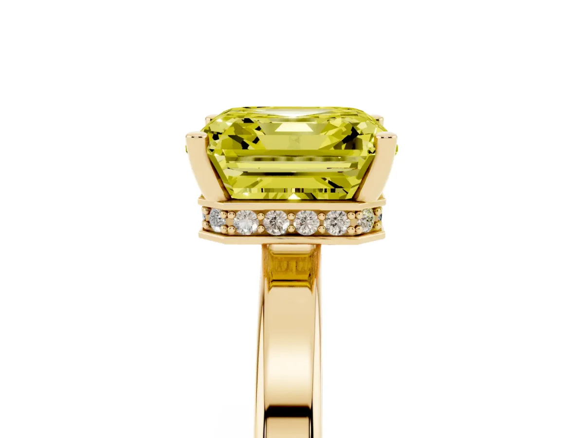 Fancy Yellow Asscher Cut Cut Solitaire Engagement Ring with Four-Prong Setting on a Classic Band Yellow gold