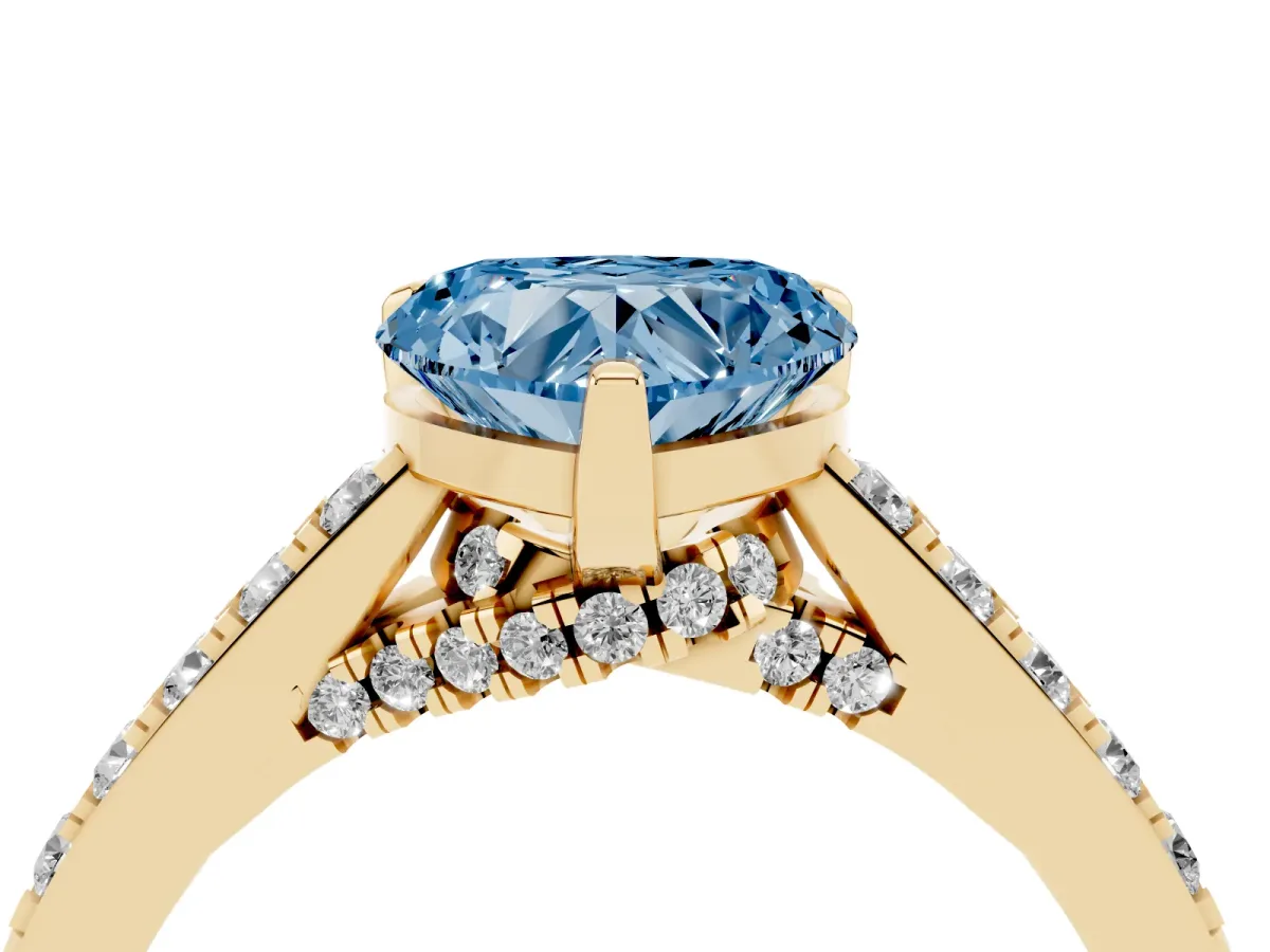 Fancy Blue Heart Cut Diamond Solitaire Ring with Crossover Gallery and Round Pavé Band Yellow gold