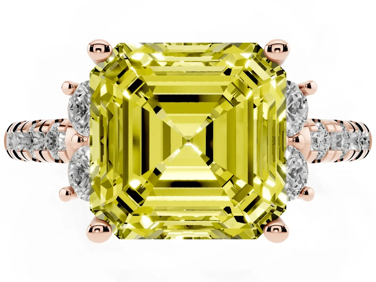 Fancy Yellow Asscher Cut Diamond Three-Stone Pave Band with Four-Prong Setting Rose gold