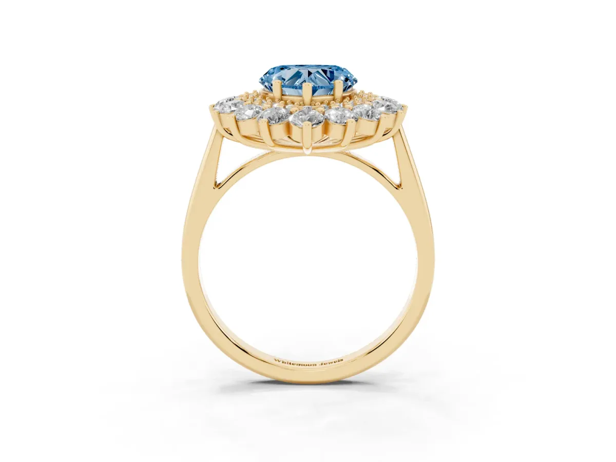Fancy Blue Heart Cut Diamond Floral Double Halo Engagement Ring with Prong Setting Yellow gold