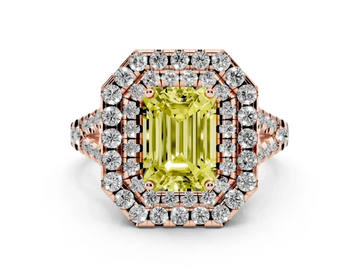 Fancy Yellow Double Halo Emerald Cut Diamond Pavé Split Shank Ring with Prong Setting Rose gold