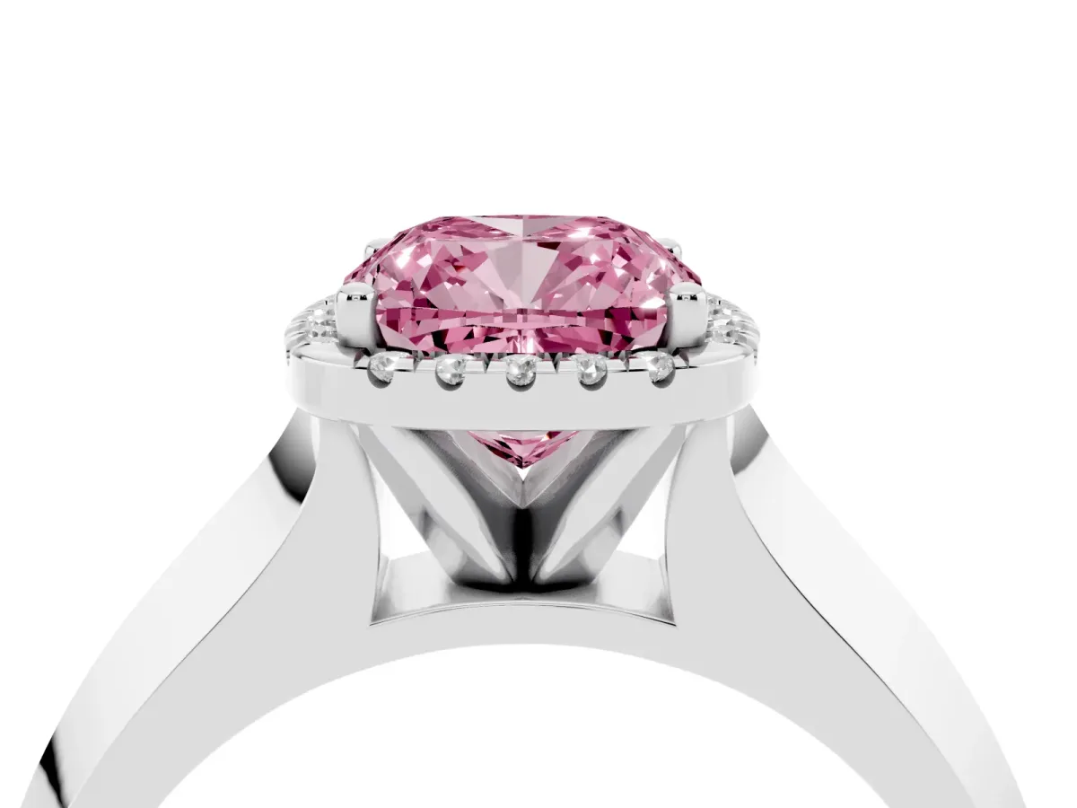 Fancy Pink Cushion Cut Halo Diamond Ring with Cathedral Band and Four-Prong Setting Silver