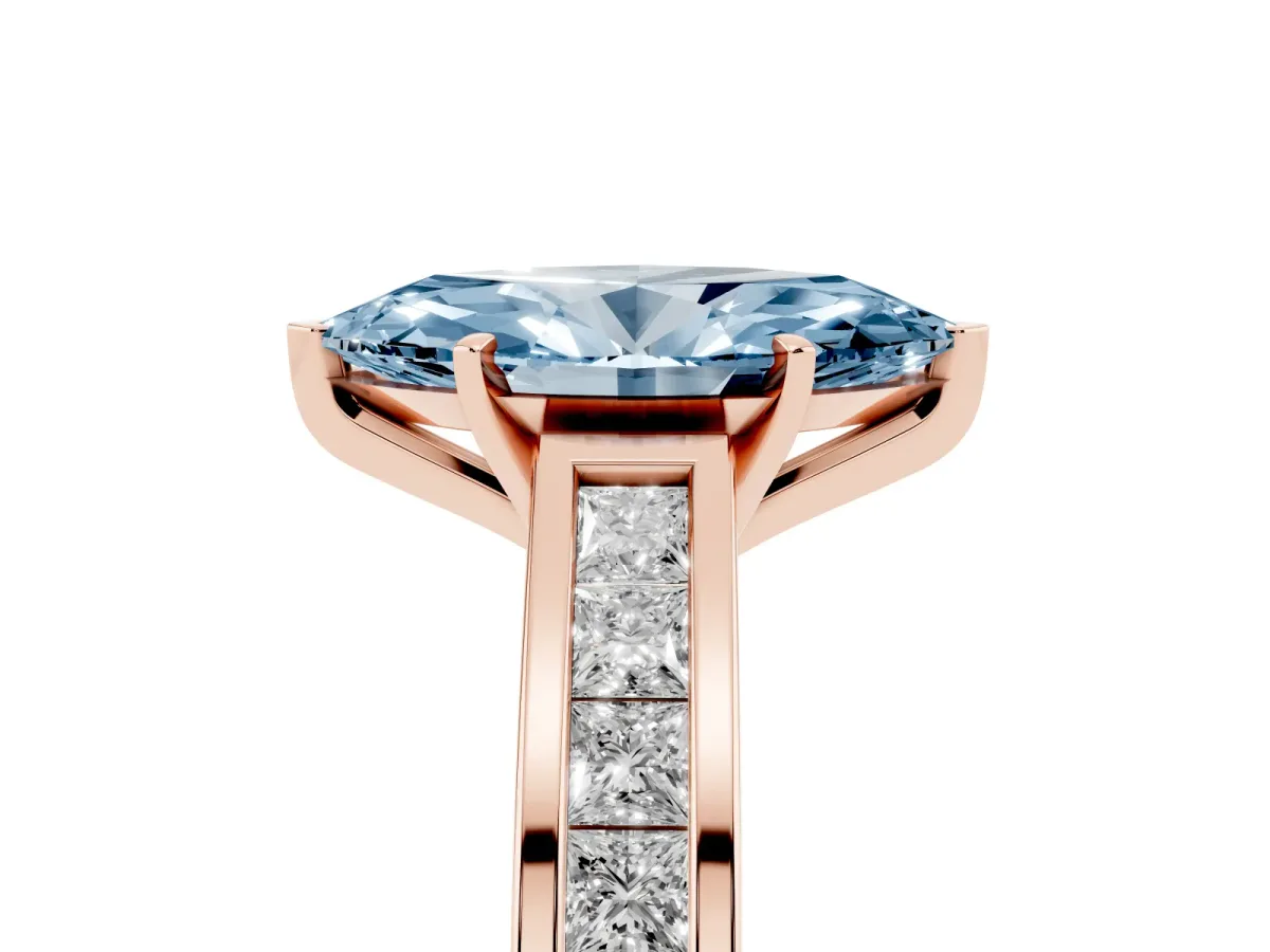 Fancy Blue Marquise Cut Solitaire Diamond Ring with Channel-Set Band and Four-Prong Setting Rose gold