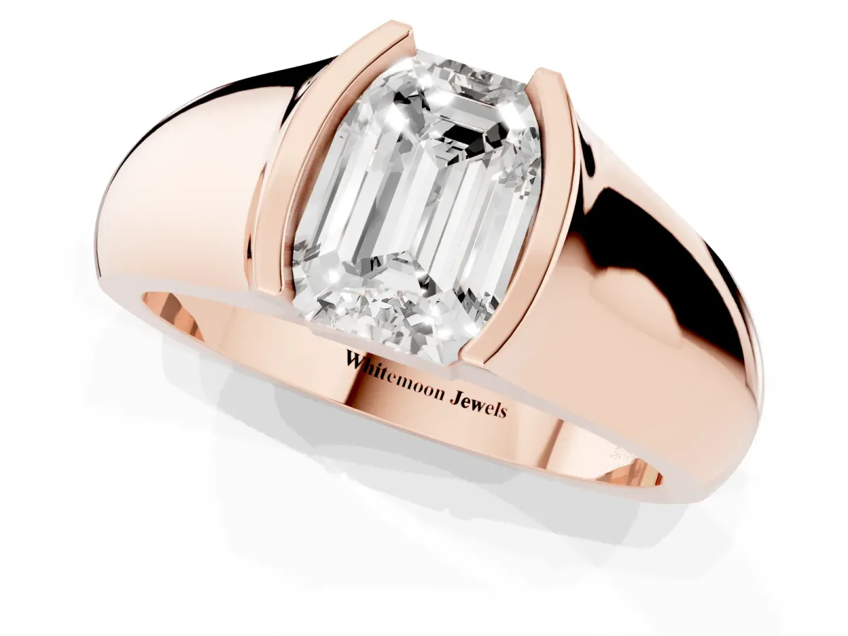 Emerald Cut Solitaire Bezel Set Diamond Ring with Wide Band Rose gold