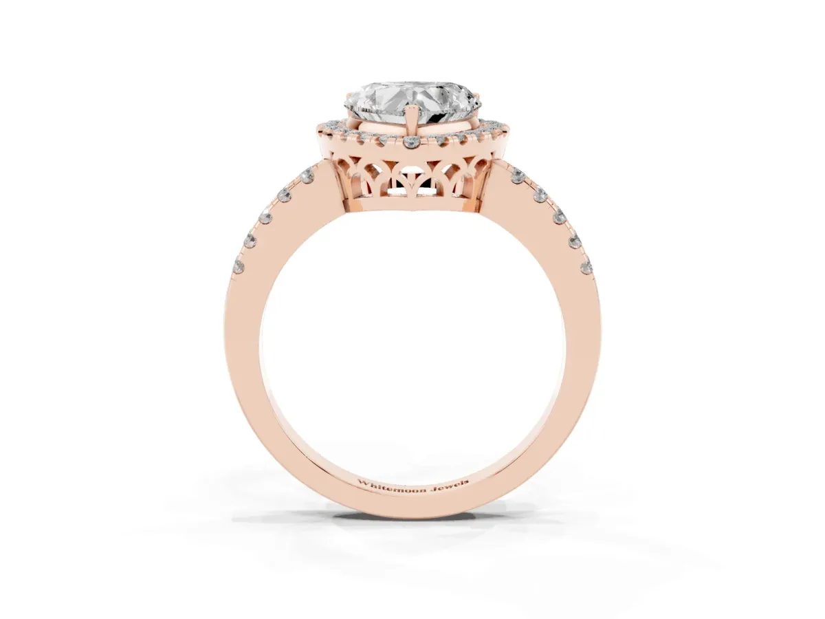 Heart Cut Halo Diamond Engagement Ring with Pavé Band and Four-Prong Setting Rose gold