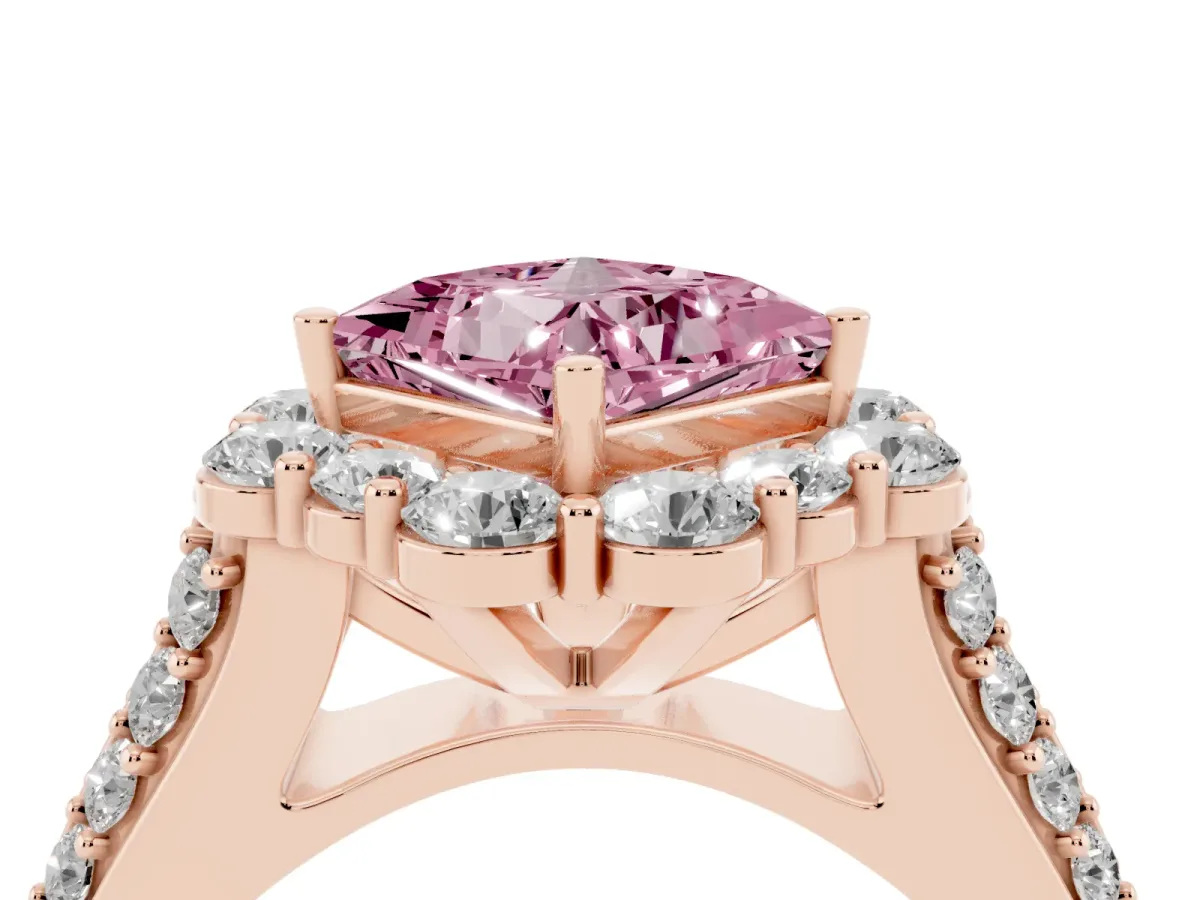 Fancy Pink Princess Cut Halo Diamond Engagement Ring with Split Shank and Prong Setting Rose gold