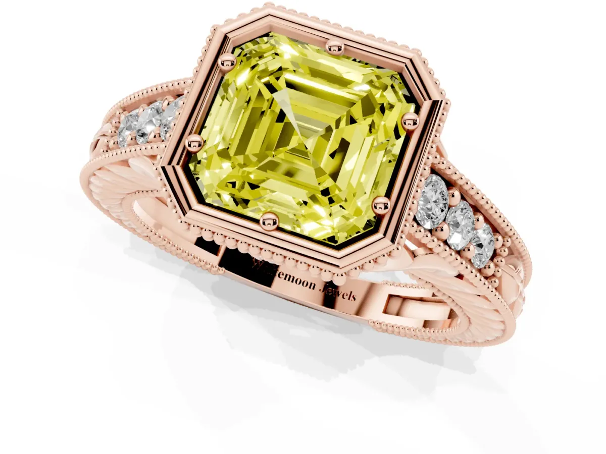 Fancy Yellow Bezel Set Asscher Cut Diamond Milgrain Pave Engagement Ring Rose gold