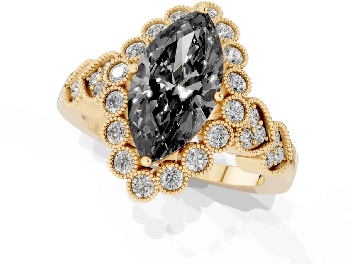 Fancy Black Marquise Cut Brilliant Milgrain Pave Heart Band Solitaire Ring Yellow gold
