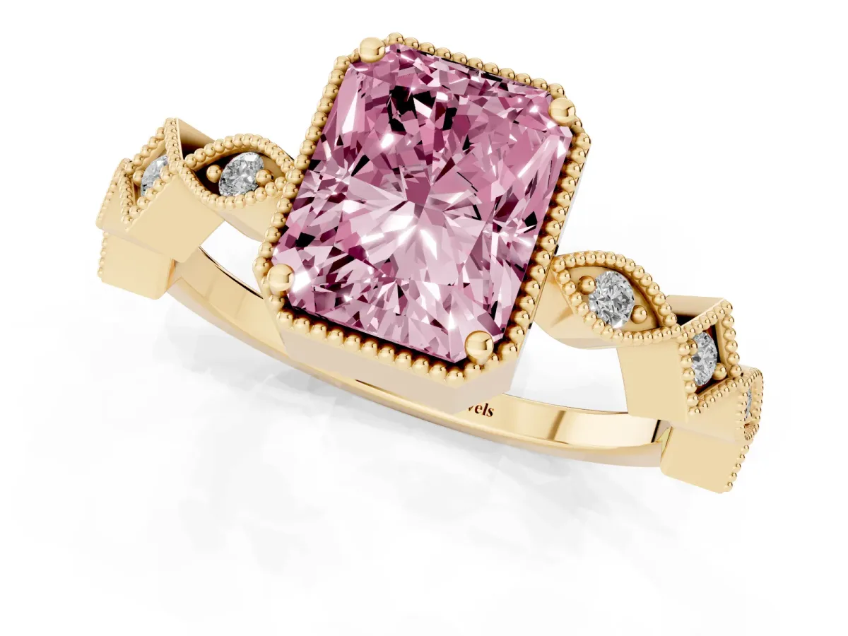 Fancy Pink Radiant Cut Milgrain Marquise Diamond Twist Band Ring Yellow gold