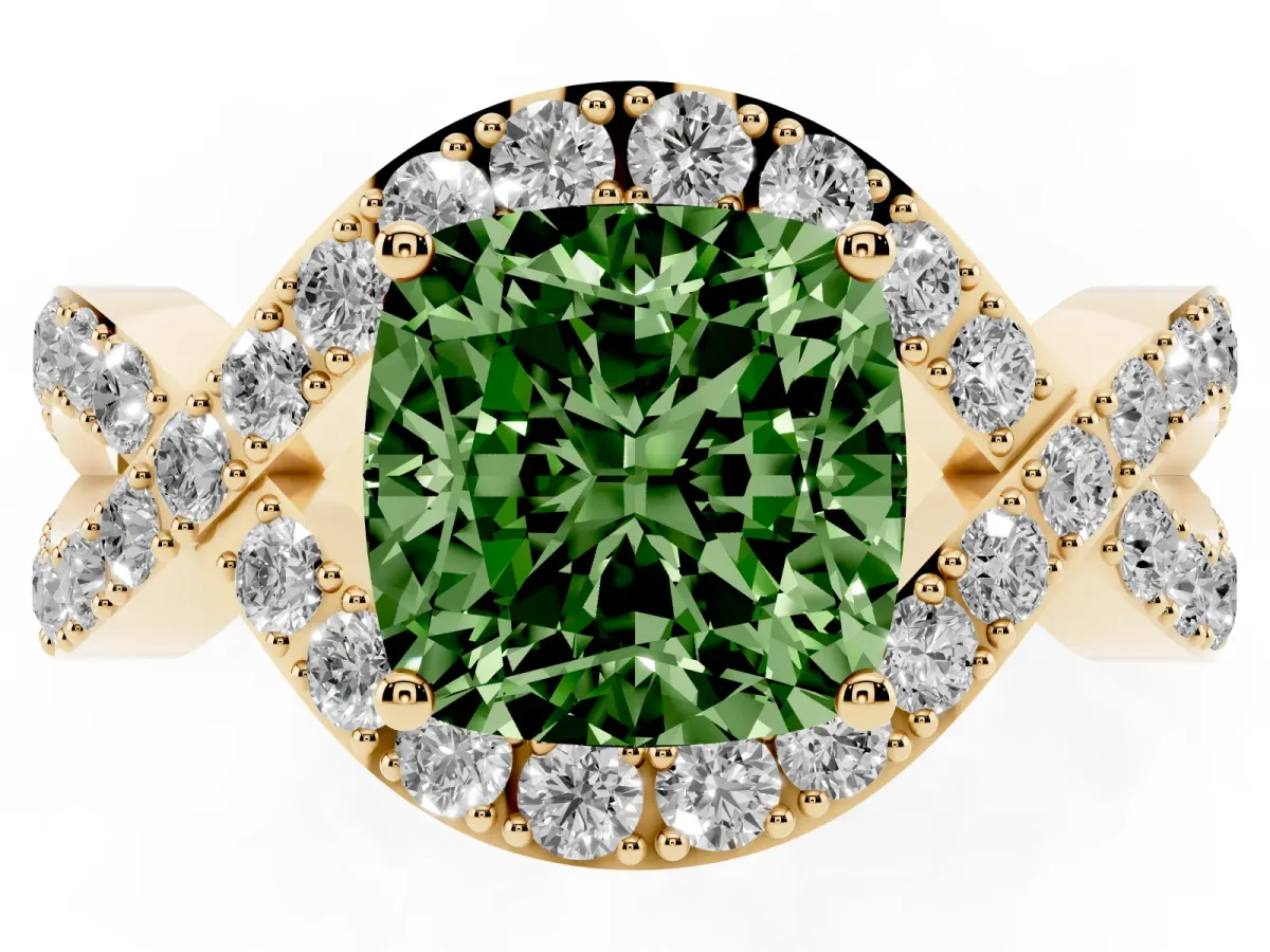 Fancy Green Cushion Cut Solitaire Twist Band Pavé Diamond Engagement Ring Yellow gold