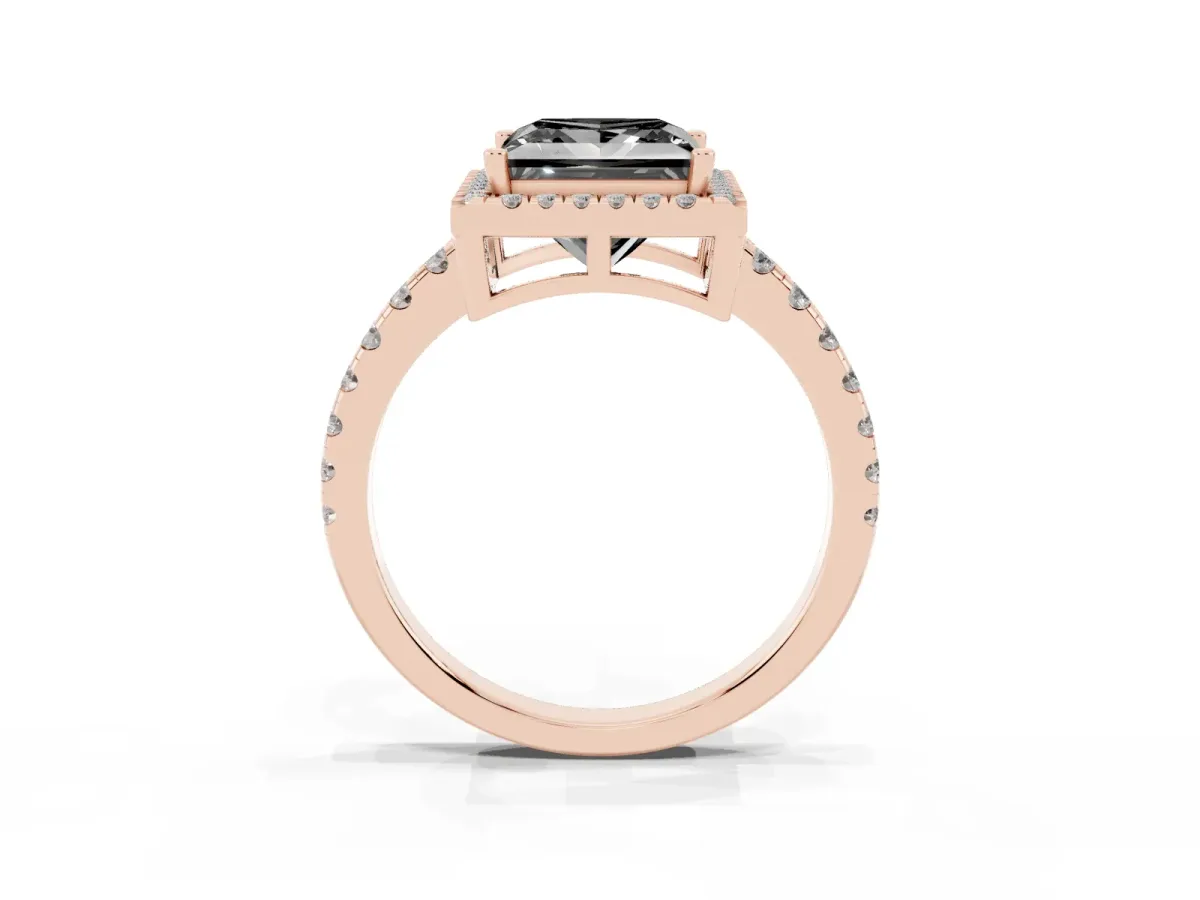 Fancy Black Princess Cut Diamond Halo Ring with Pavé Band and Four-Prong Setting Rose gold
