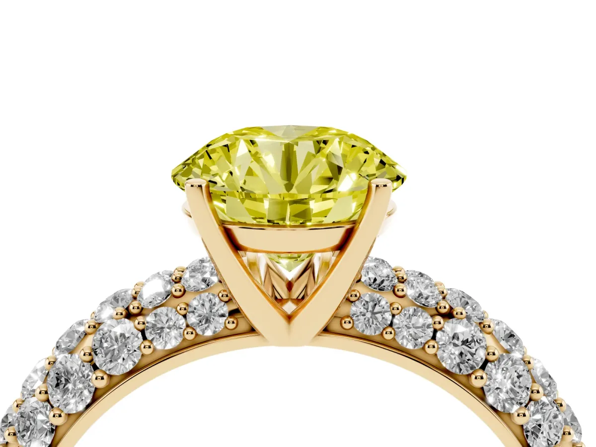 Fancy Yellow Round Cut Diamond Pavé Band Solitaire Ring with Four-Prong Setting Yellow gold