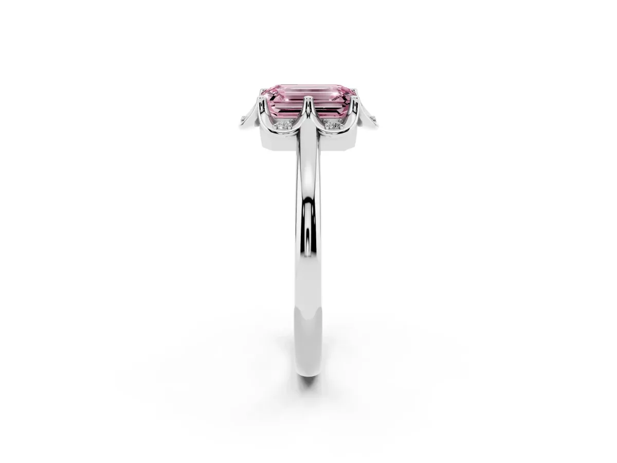 Fancy Pink Emerald Cut Halo Diamond Ring with Round Cluster Setting, Solitaire Band, and Four-Prong Setting Silver