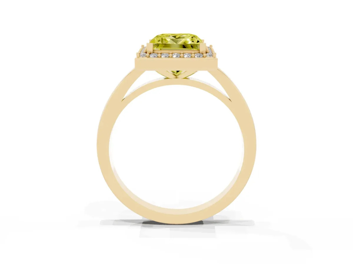 Fancy Yellow Princess Cut Halo Diamond Ring with Solitaire Band and Prong Setting Yellow gold