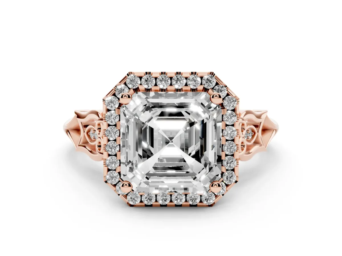 Asscher Cut Halo Diamond Engagement Ring with Filigree Band and Four-Prong Setting Rose gold
