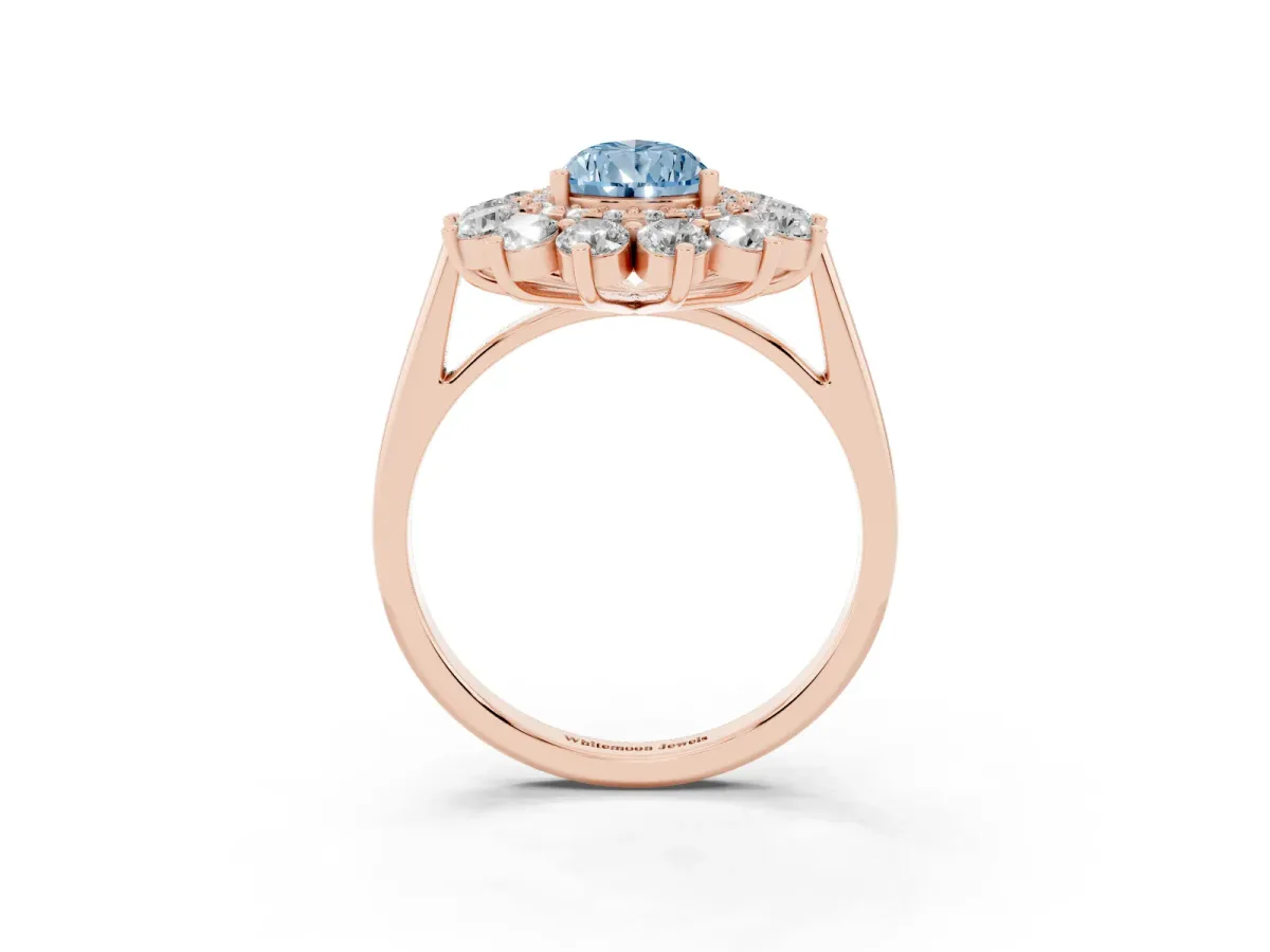 Fancy Blue Pear Cut Diamond Floral Double Halo Engagement Ring with Prong Setting Rose gold