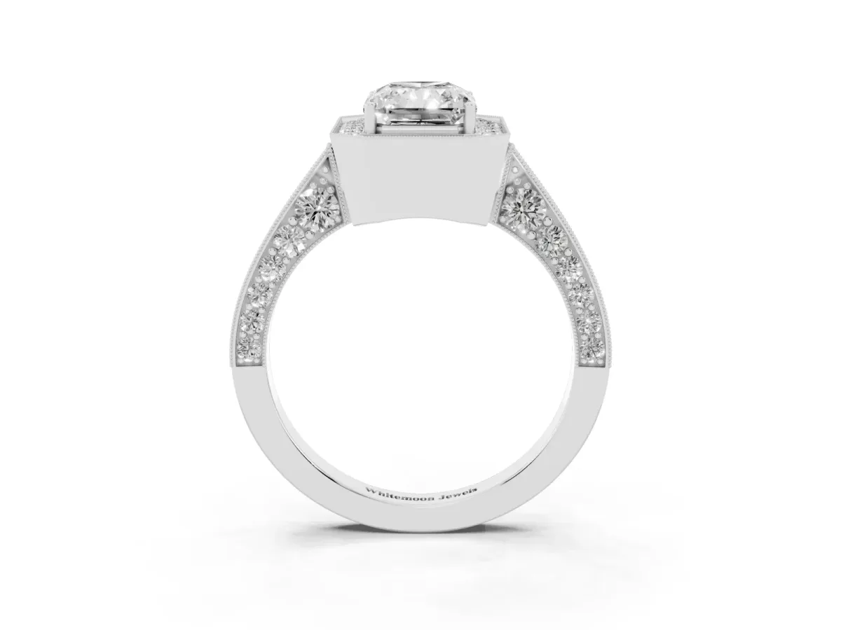 Radiant Cut Halo Diamond Engagement Ring with Split Shank Band and Four-Prong Setting Silver