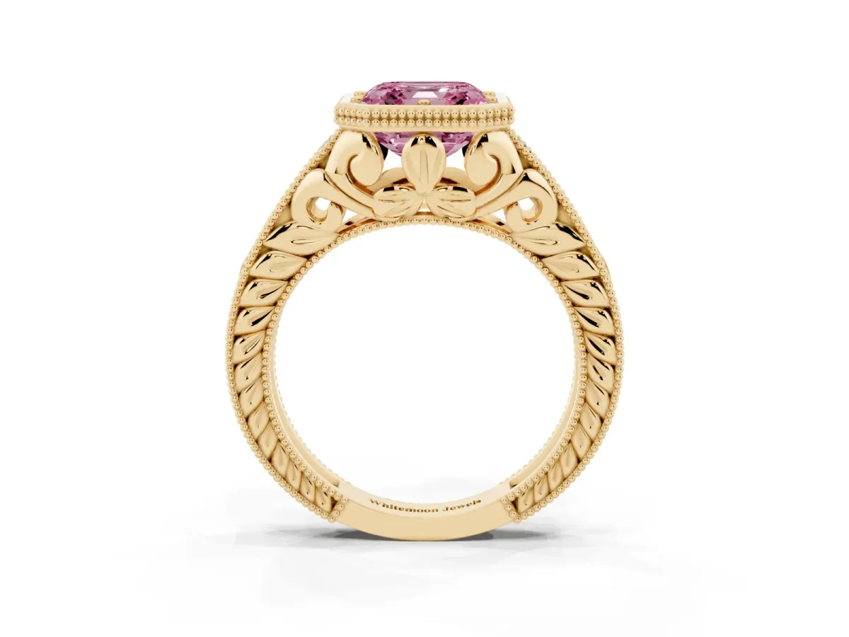 Fancy Pink Bezel Set Asscher Cut Diamond Milgrain Pave Engagement Ring Yellow gold