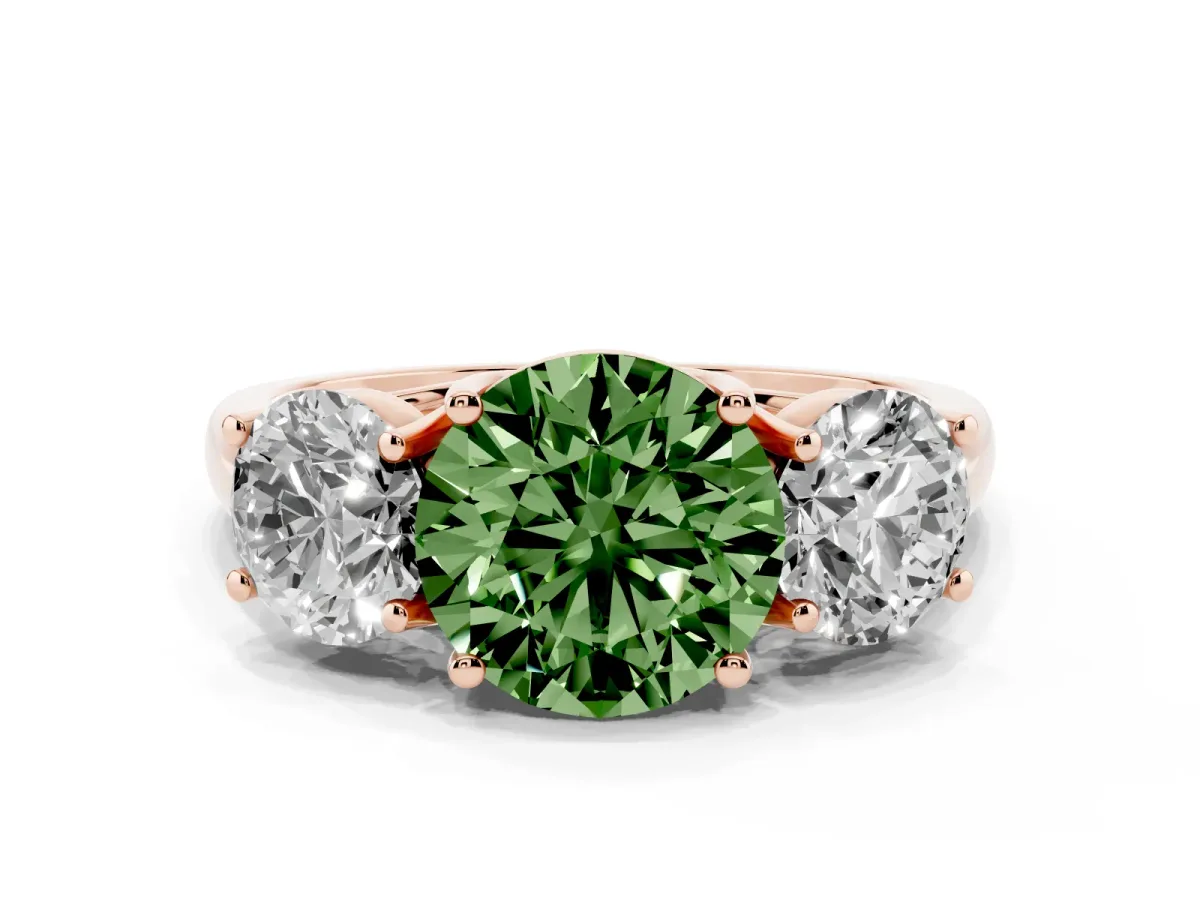 Fancy Green Three-Stone Round Cut Diamond Engagement Ring with Prong Setting Rose gold