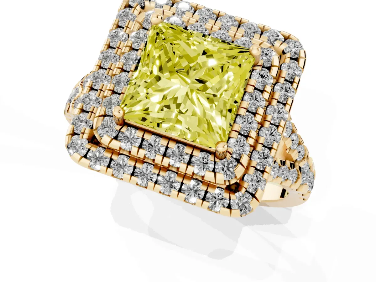 Fancy Yellow Double Halo Princess Cut Diamond Pavé Split Shank Ring with Prong Setting Yellow gold