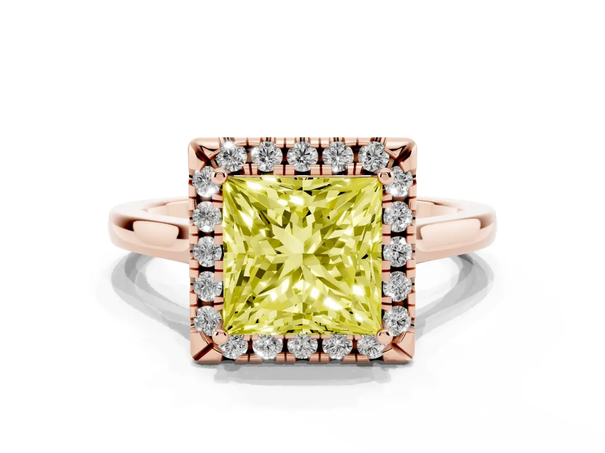 Fancy Yellow Princess Cut Halo Round Diamond Solitaire Ring with Pavé Band and Four-Prong Setting Rose gold