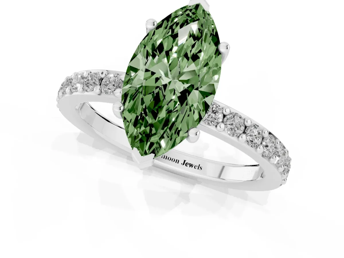 Fancy Green Marquise Cut Cut Diamond Solitaire with Pave Band and Four-Prong Setting Silver