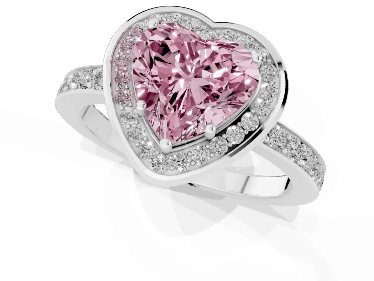 Fancy Pink Heart Cut Diamond Halo Ring with Bezel Frame and Pavé Band Silver