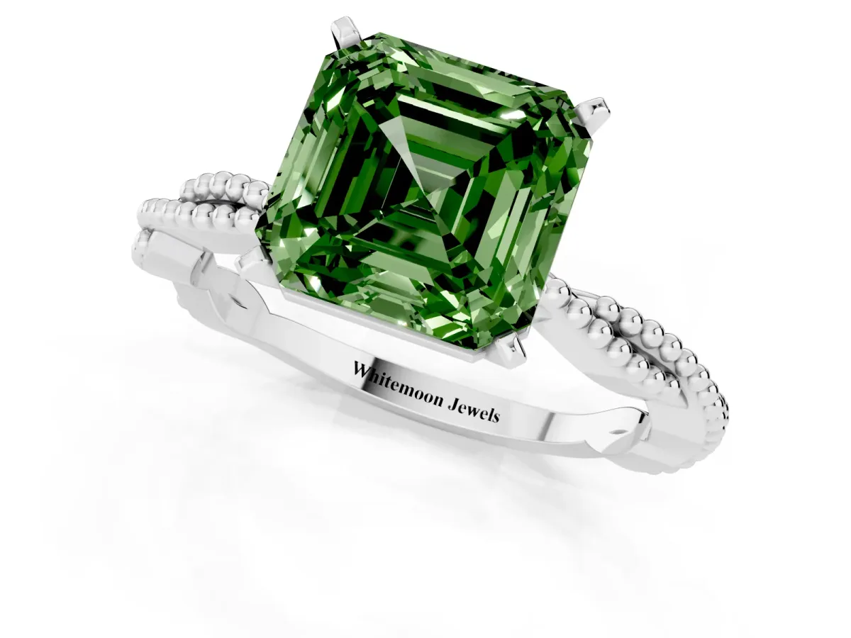 Fancy Green Asscher Cut Solitaire Twisted Band with Bead Prong Setting Platinum