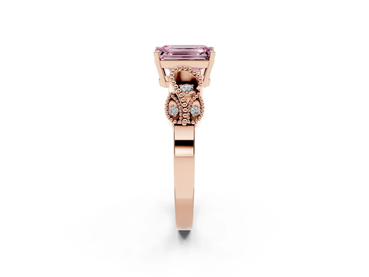 Fancy Pink Emerald Cut Solitaire Milgrain Leaf Band with Prong Setting Rose gold
