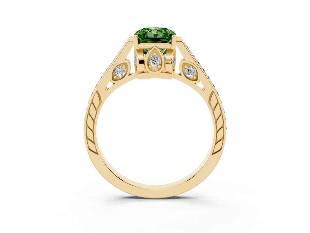 Fancy Green Radiant Cut Cut Cathedral Pave Diamond Engagement Ring with Six-Prong Setting Yellow gold